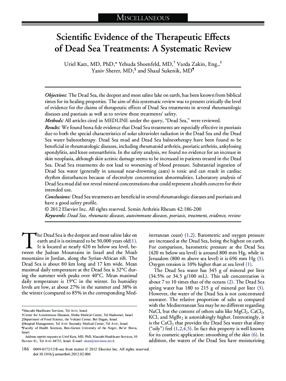 Scientific Evidence of the Therapeutic Effects of Dead Sea Treatments: A Systematic Review