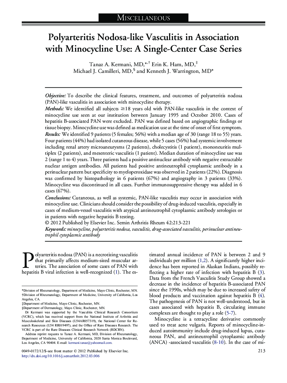 Polyarteritis Nodosa-like Vasculitis in Association with Minocycline Use: A Single-Center Case Series 