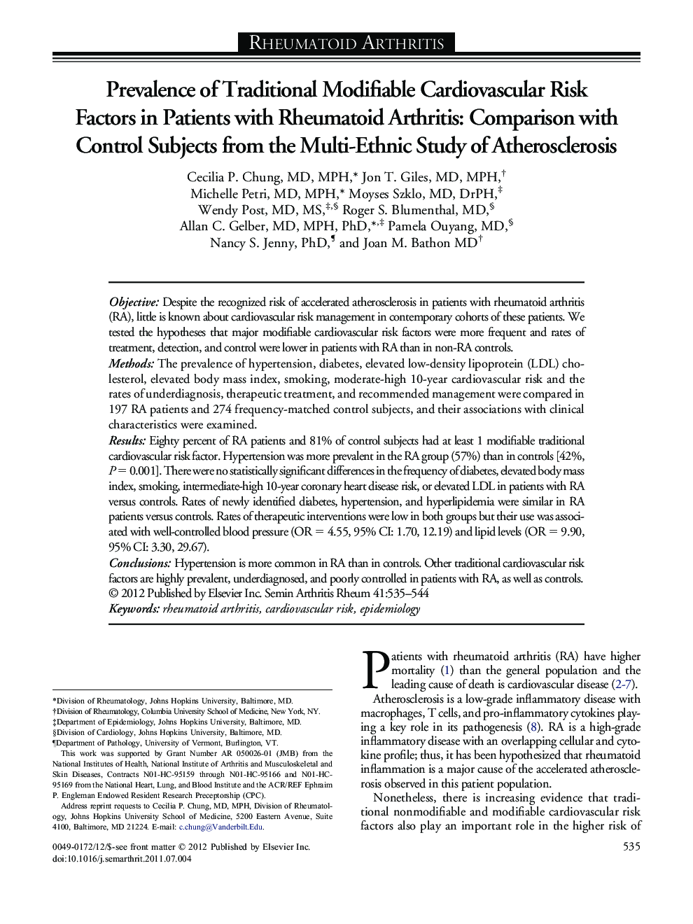 Prevalence of Traditional Modifiable Cardiovascular Risk Factors in Patients with Rheumatoid Arthritis: Comparison with Control Subjects from the Multi-Ethnic Study of Atherosclerosis 