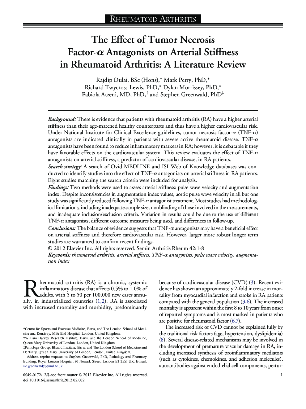 The Effect of Tumor Necrosis Factor-α Antagonists on Arterial Stiffness in Rheumatoid Arthritis: A Literature Review