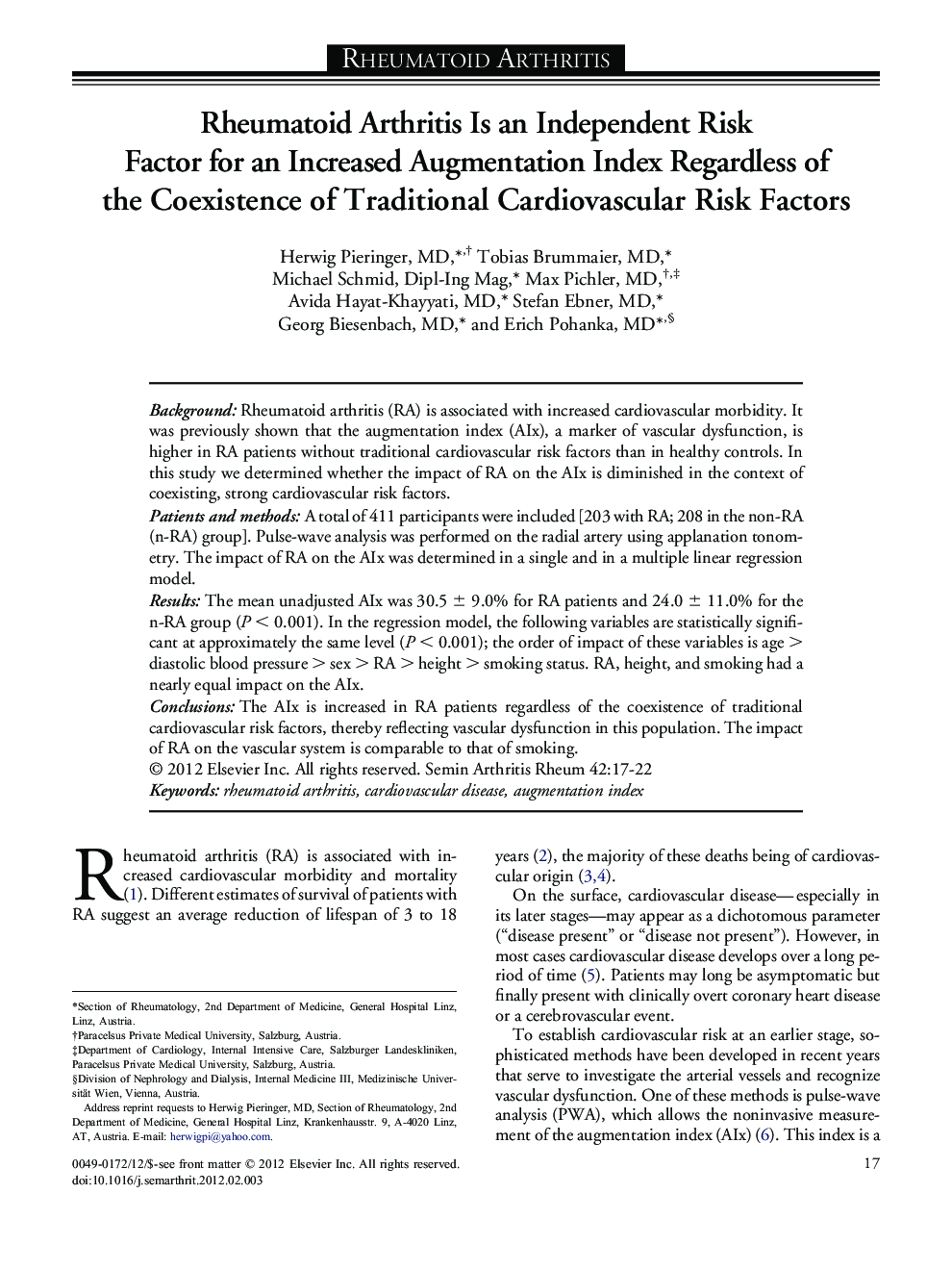 Rheumatoid Arthritis Is an Independent Risk Factor for an Increased Augmentation Index Regardless of the Coexistence of Traditional Cardiovascular Risk Factors