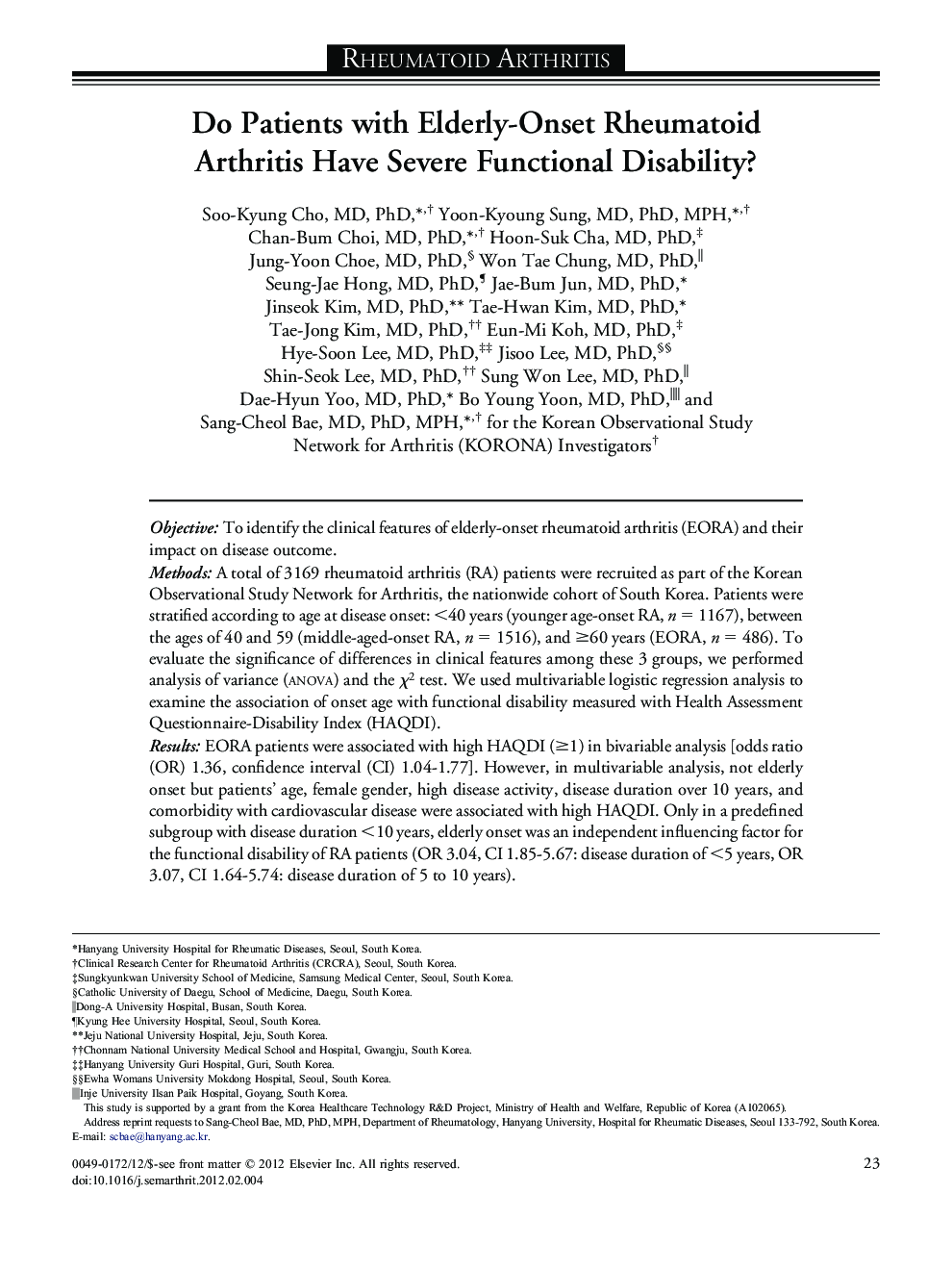 Do Patients with Elderly-Onset Rheumatoid Arthritis Have Severe Functional Disability? 