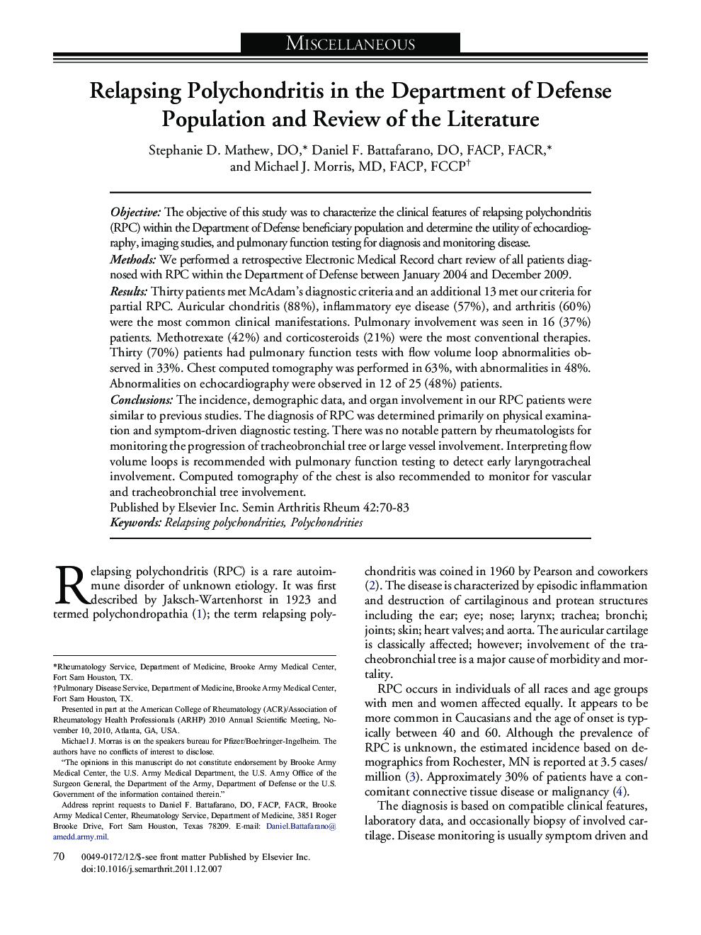 Relapsing Polychondritis in the Department of Defense Population and Review of the Literature 