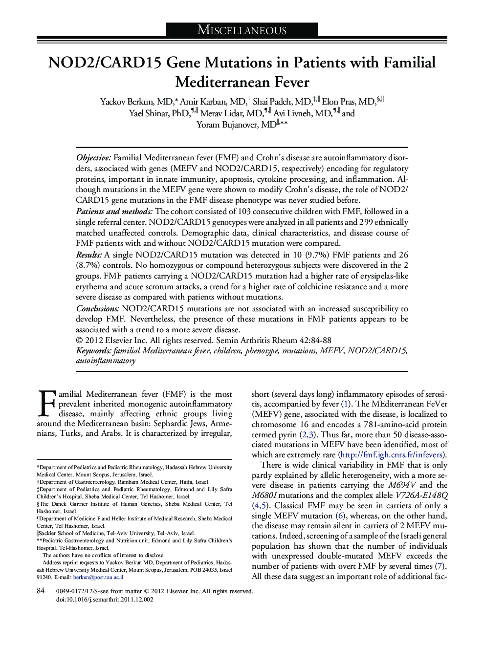 NOD2/CARD15 Gene Mutations in Patients with Familial Mediterranean Fever 