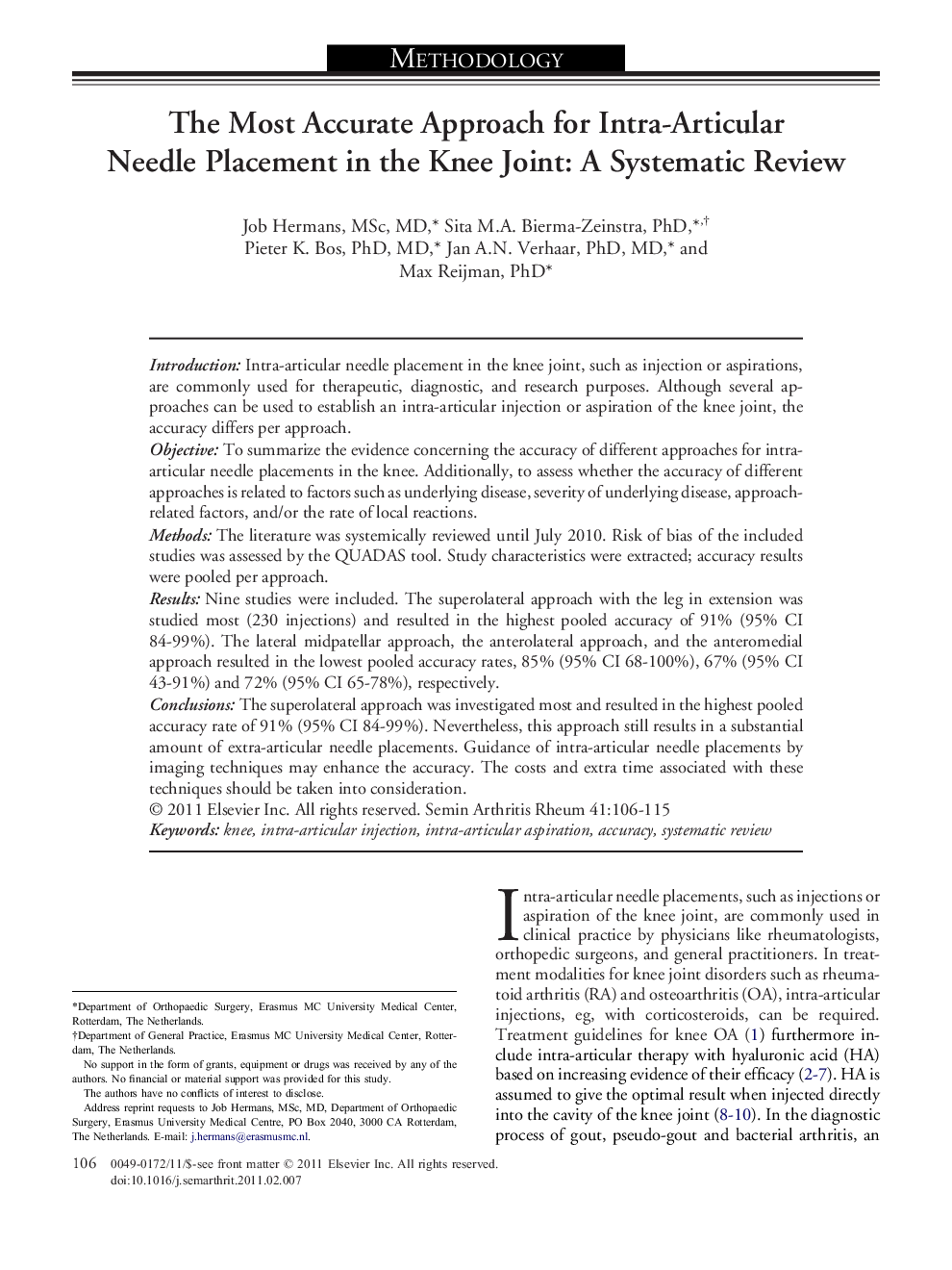 The Most Accurate Approach for Intra-Articular Needle Placement in the Knee Joint: A Systematic Review 