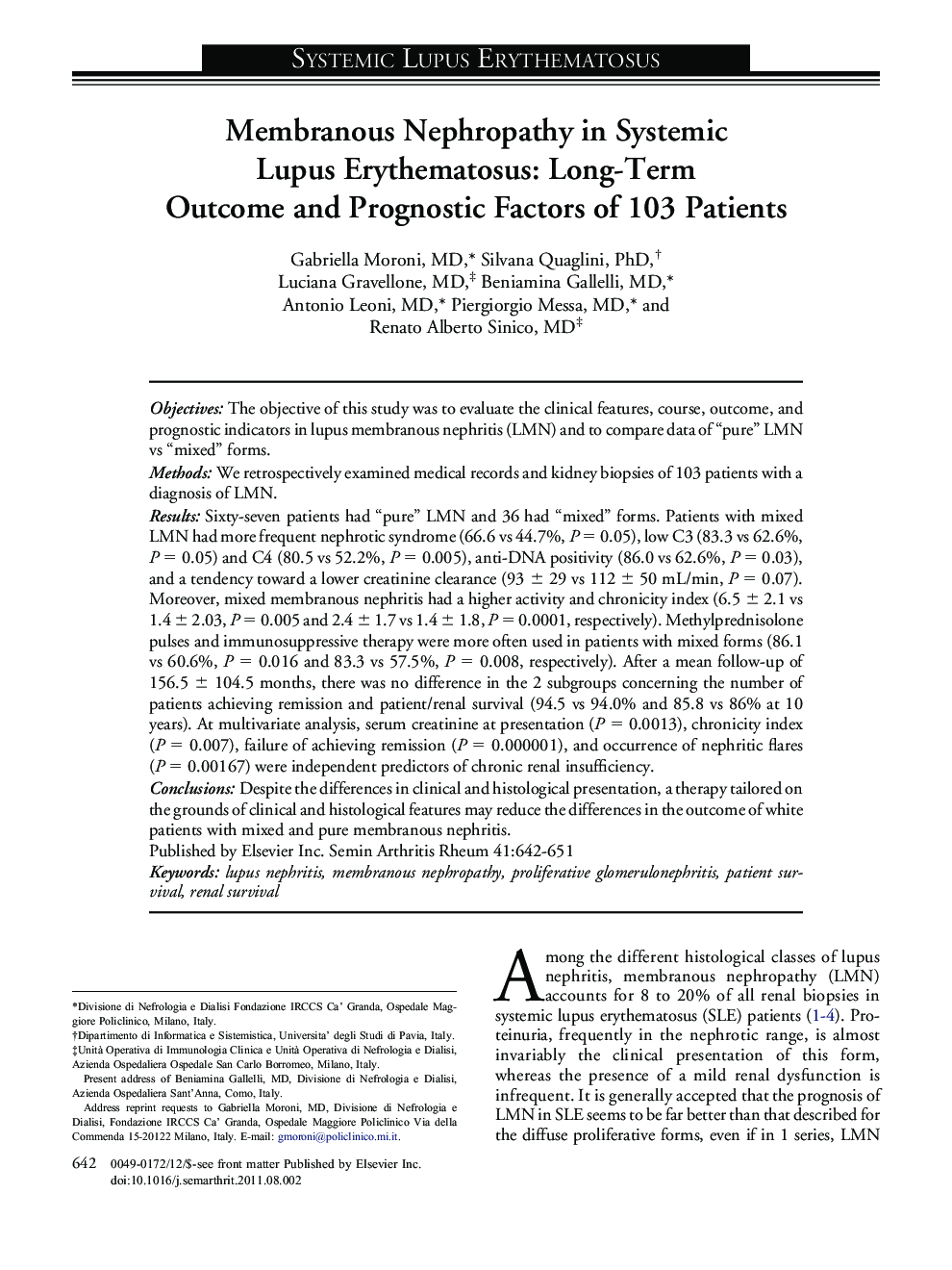 Membranous Nephropathy in Systemic Lupus Erythematosus: Long-Term Outcome and Prognostic Factors of 103 Patients 