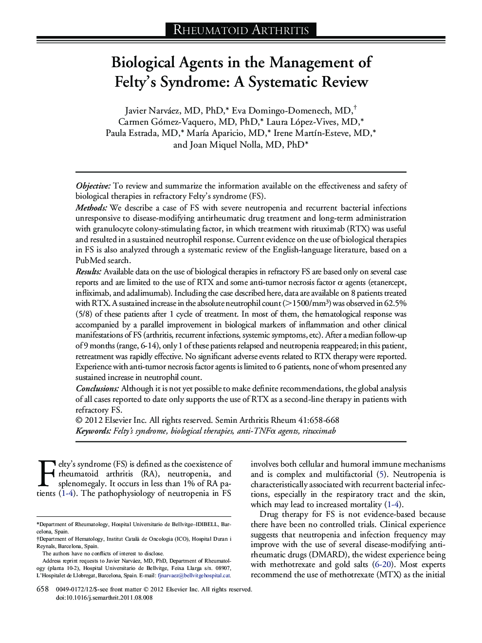 Biological Agents in the Management of Felty's Syndrome: A Systematic Review 