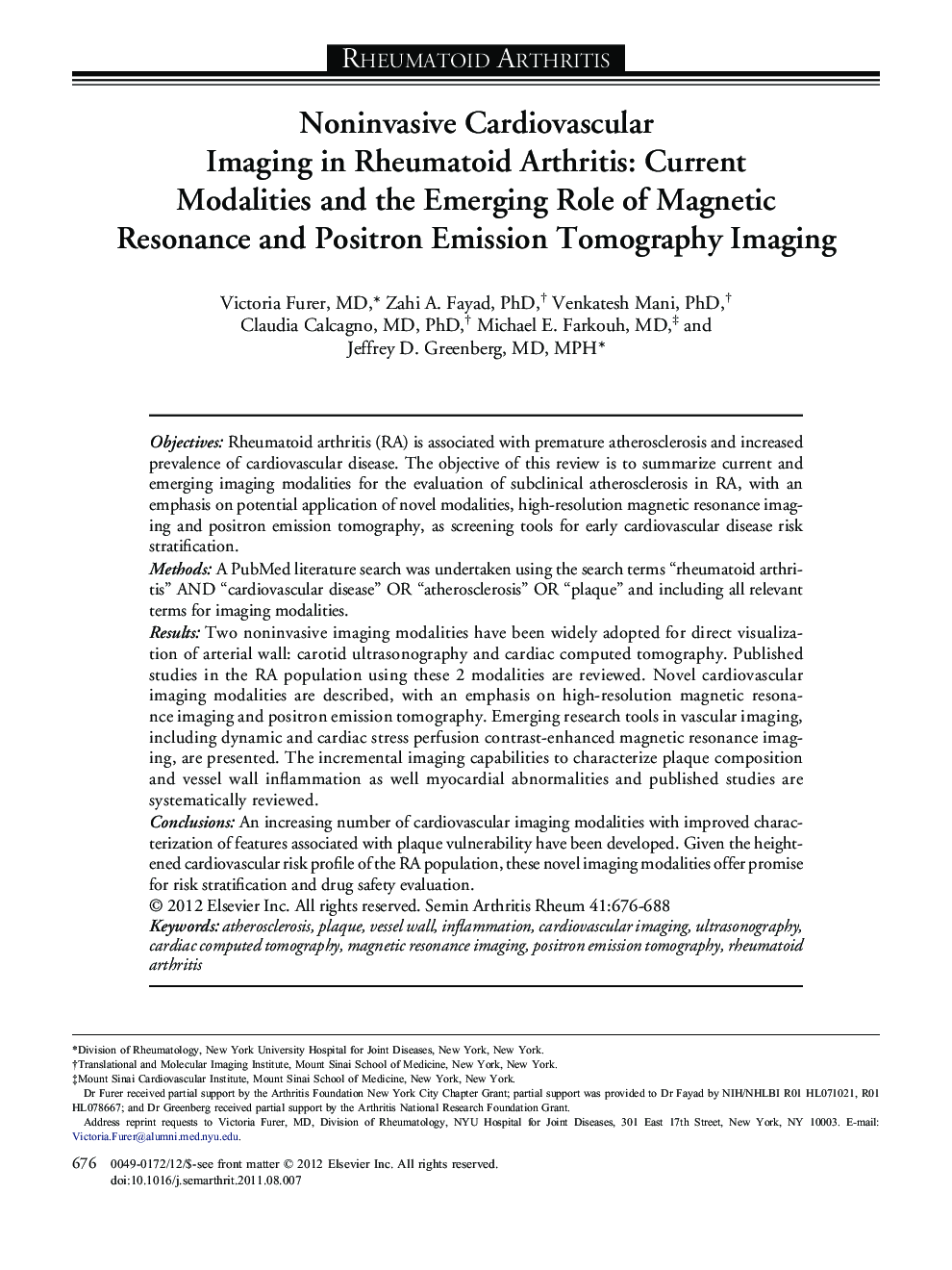Noninvasive Cardiovascular Imaging in Rheumatoid Arthritis: Current Modalities and the Emerging Role of Magnetic Resonance and Positron Emission Tomography Imaging 
