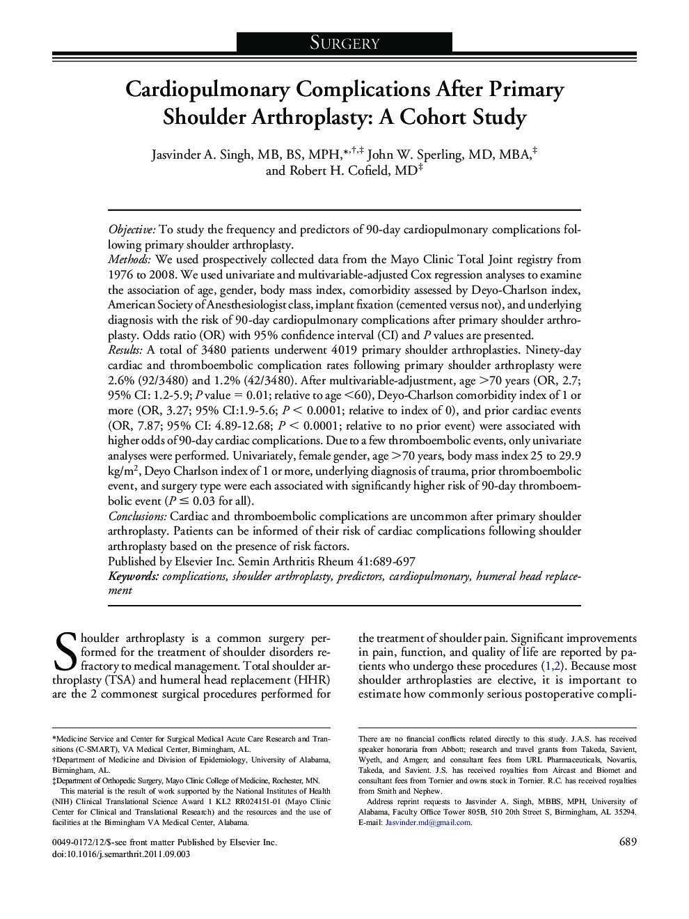 Cardiopulmonary Complications After Primary Shoulder Arthroplasty: A Cohort Study 