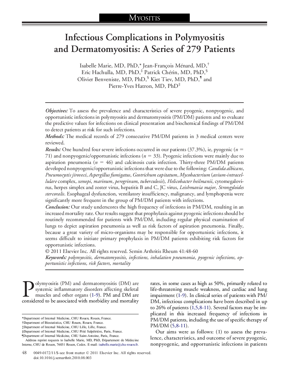 Infectious Complications in Polymyositis and Dermatomyositis: A Series of 279 Patients