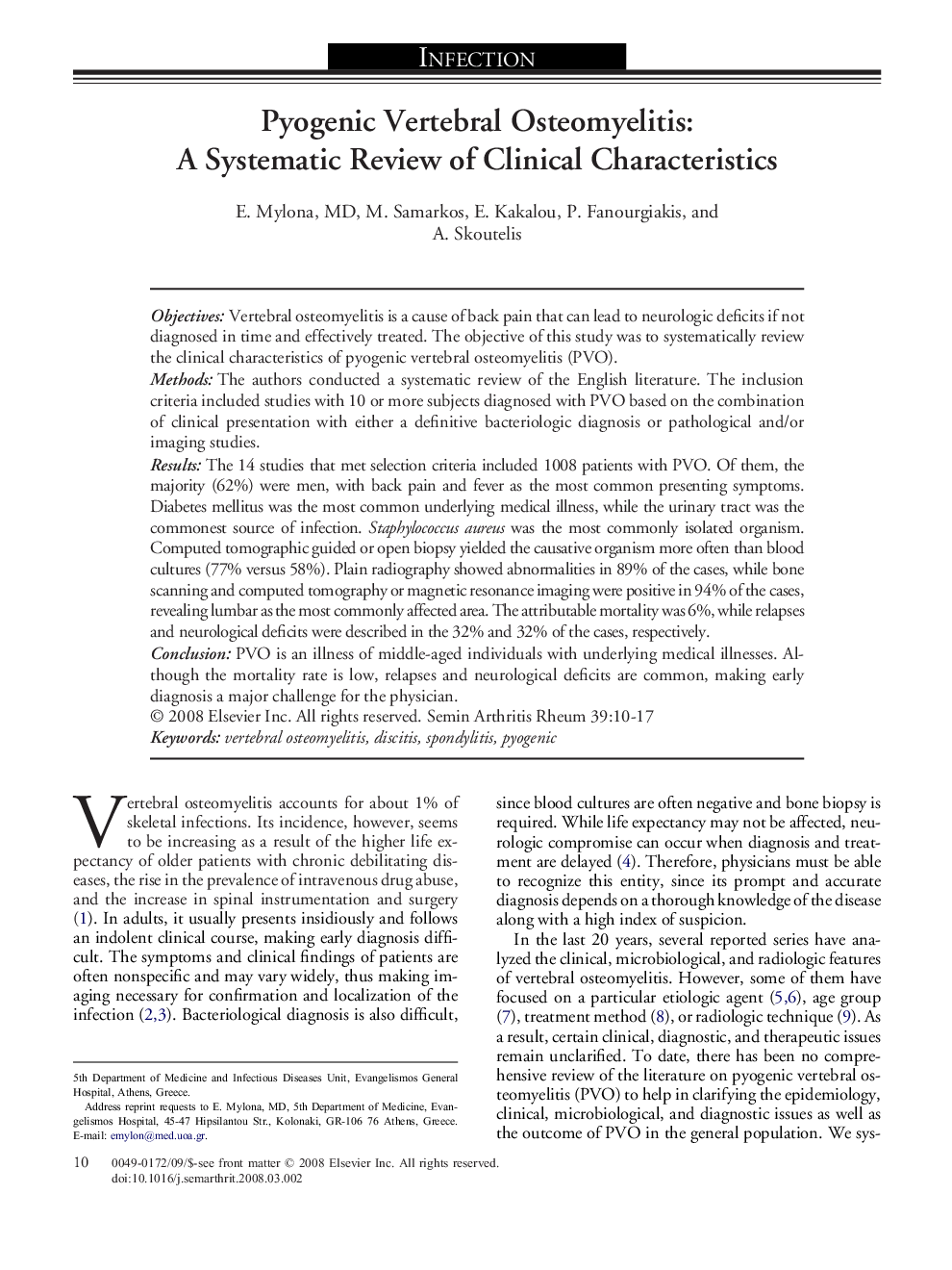 Pyogenic Vertebral Osteomyelitis: A Systematic Review of Clinical Characteristics