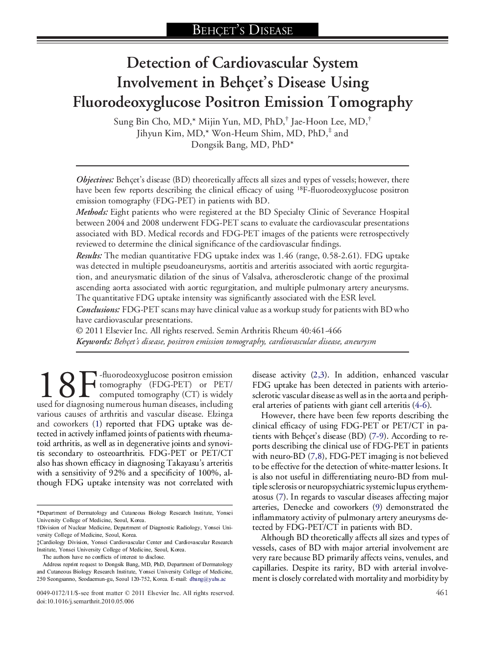 Detection of Cardiovascular System Involvement in Behçet's Disease Using Fluorodeoxyglucose Positron Emission Tomography 