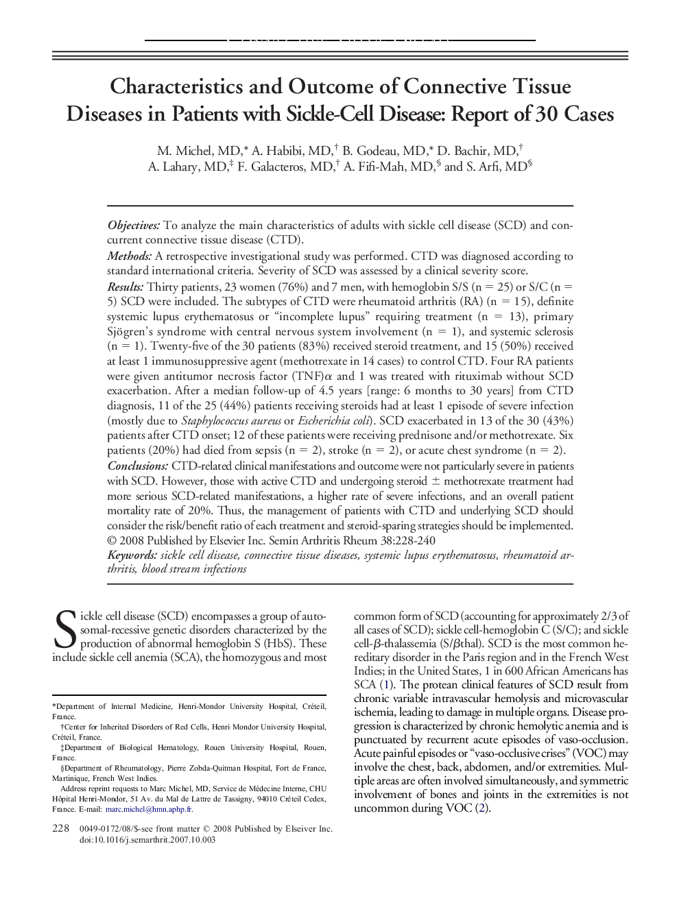 Characteristics and Outcome of Connective Tissue Diseases in Patients with Sickle-Cell Disease: Report of 30 Cases