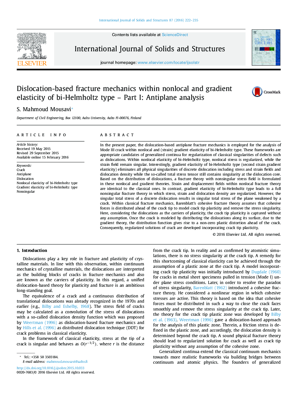 Dislocation-based fracture mechanics within nonlocal and gradient elasticity of bi-Helmholtz type – Part I: Antiplane analysis