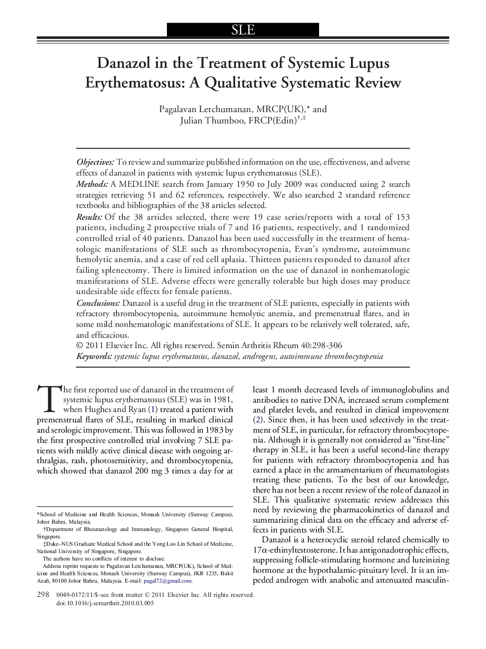 Danazol in the Treatment of Systemic Lupus Erythematosus: A Qualitative Systematic Review 