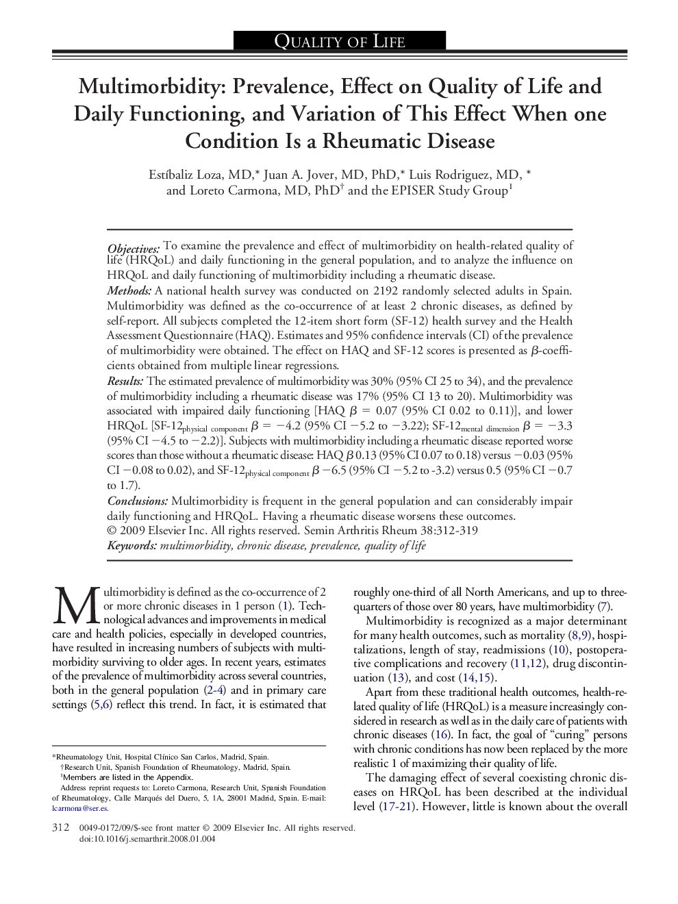 Multimorbidity: Prevalence, Effect on Quality of Life and Daily Functioning, and Variation of This Effect When one Condition Is a Rheumatic Disease