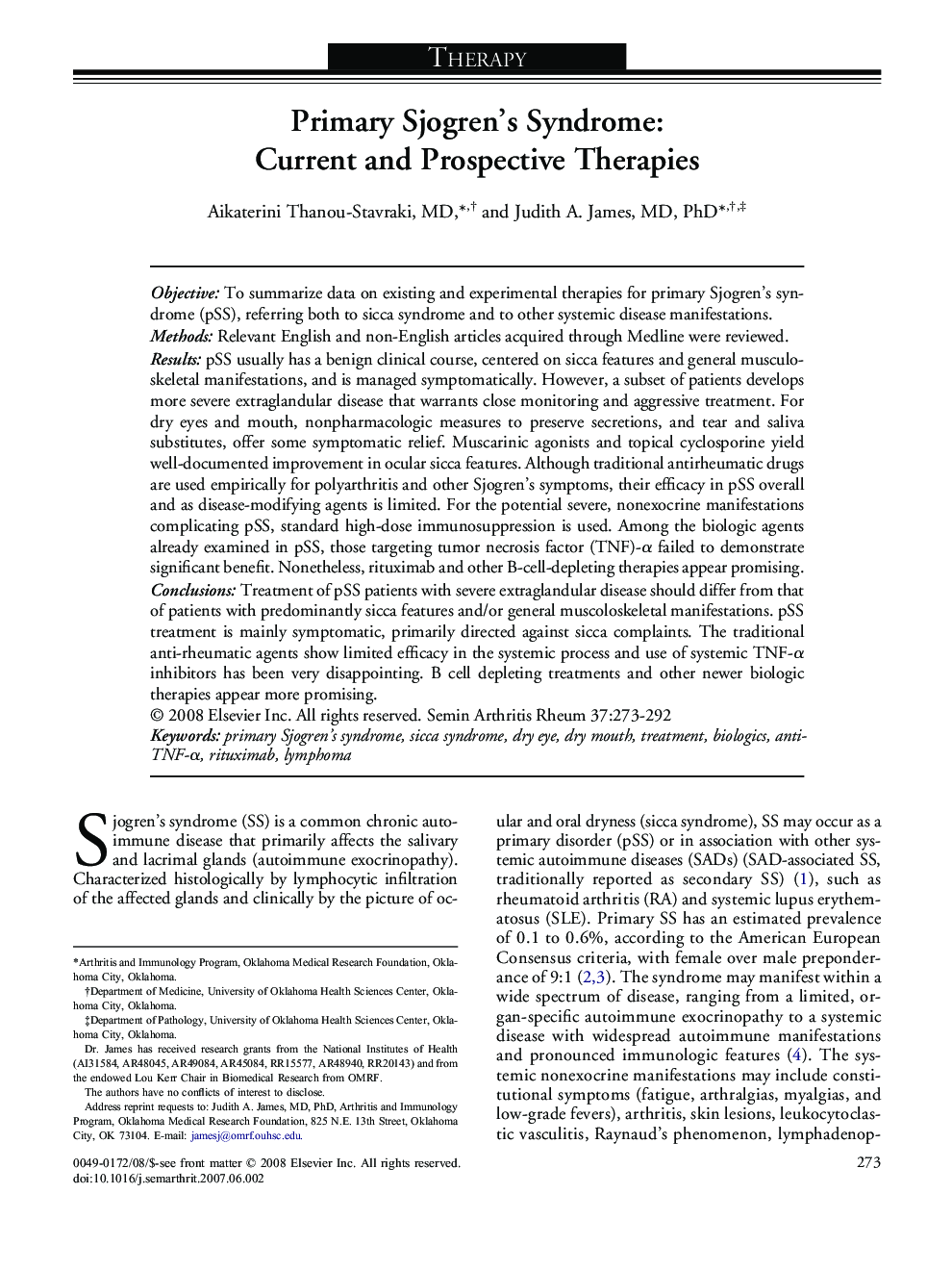 Primary Sjogren’s Syndrome: Current and Prospective Therapies 