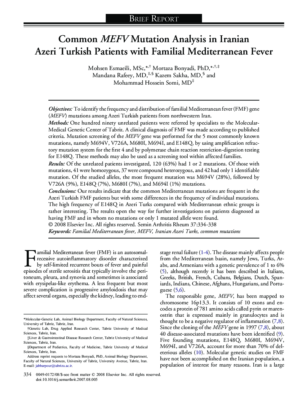 Common MEFV Mutation Analysis in Iranian Azeri Turkish Patients with Familial Mediterranean Fever