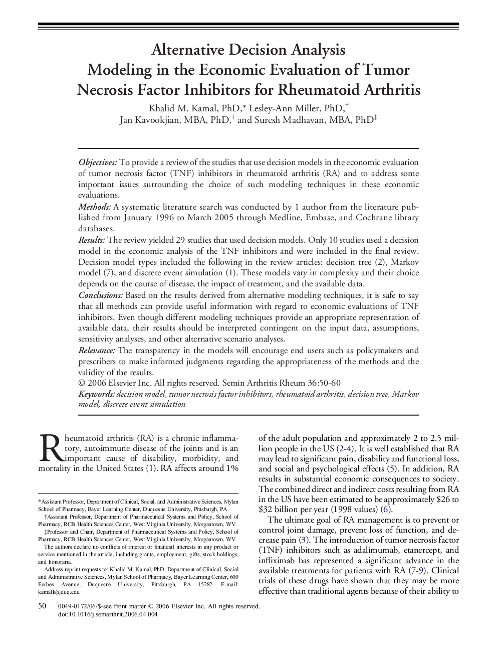 Alternative Decision Analysis Modeling in the Economic Evaluation of Tumor Necrosis Factor Inhibitors for Rheumatoid Arthritis 