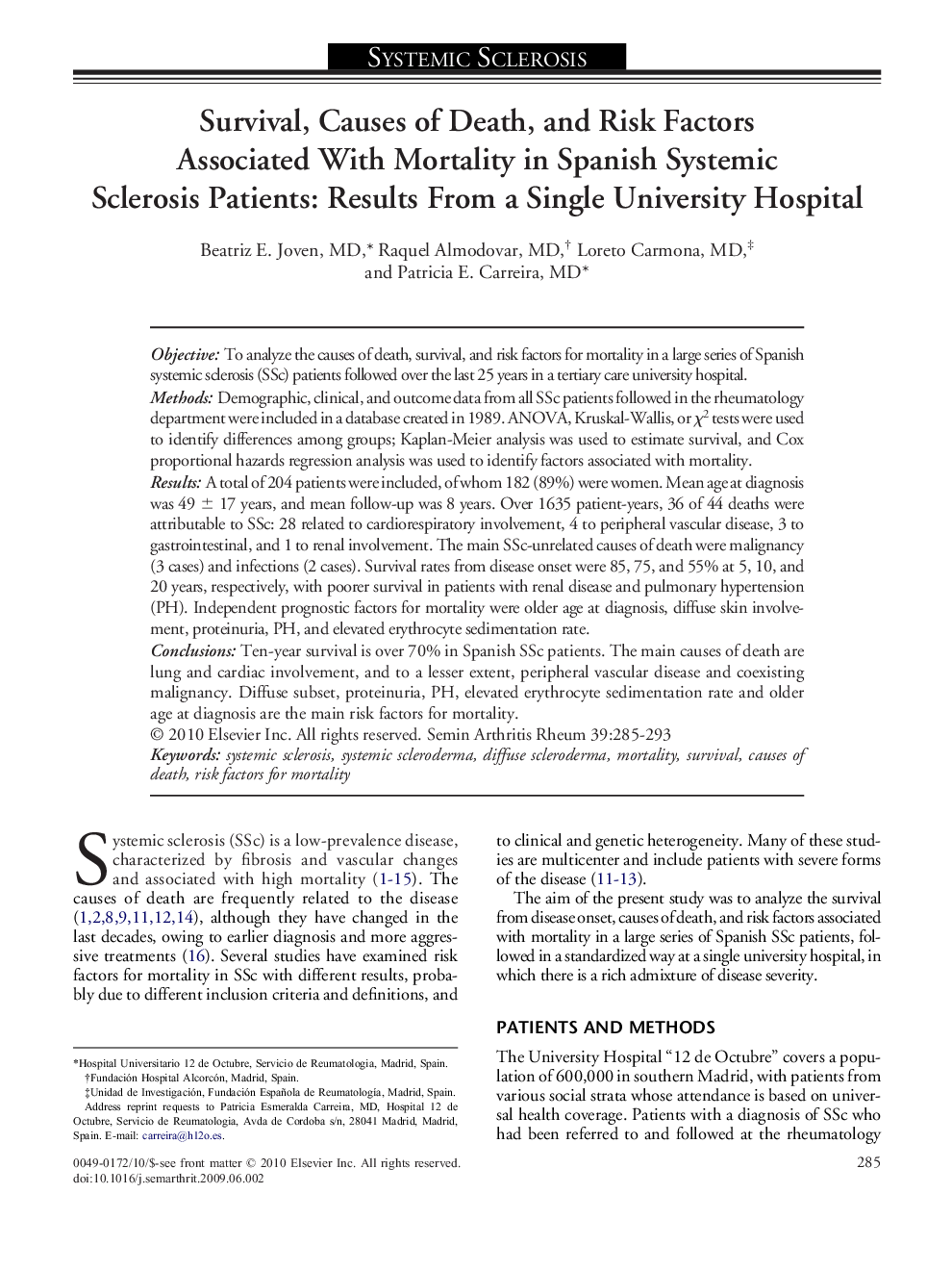 Survival, Causes of Death, and Risk Factors Associated With Mortality in Spanish Systemic Sclerosis Patients: Results From a Single University Hospital