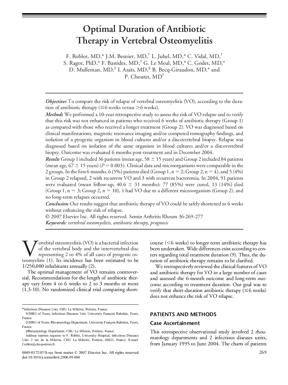 Optimal Duration of Antibiotic Therapy in Vertebral Osteomyelitis