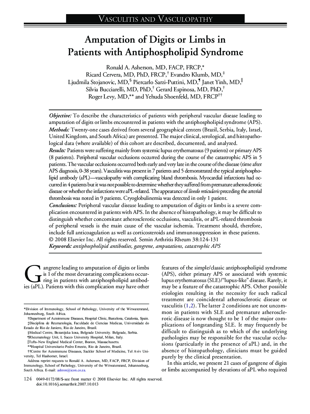 Amputation of Digits or Limbs in Patients with Antiphospholipid Syndrome