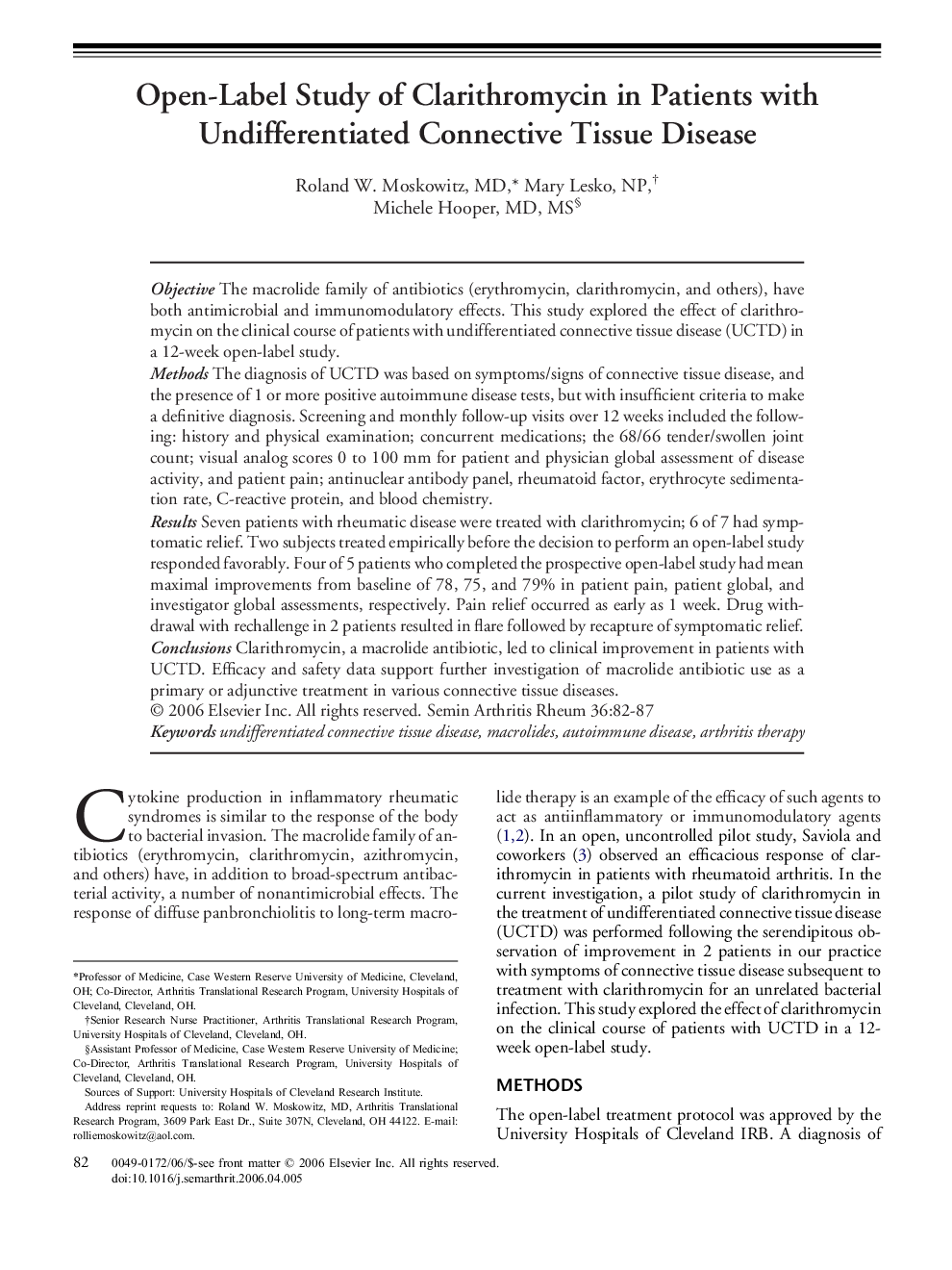 Open-Label Study of Clarithromycin in Patients with Undifferentiated Connective Tissue Disease