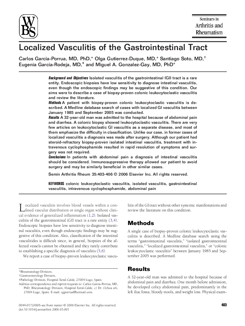 Localized Vasculitis of the Gastrointestinal Tract