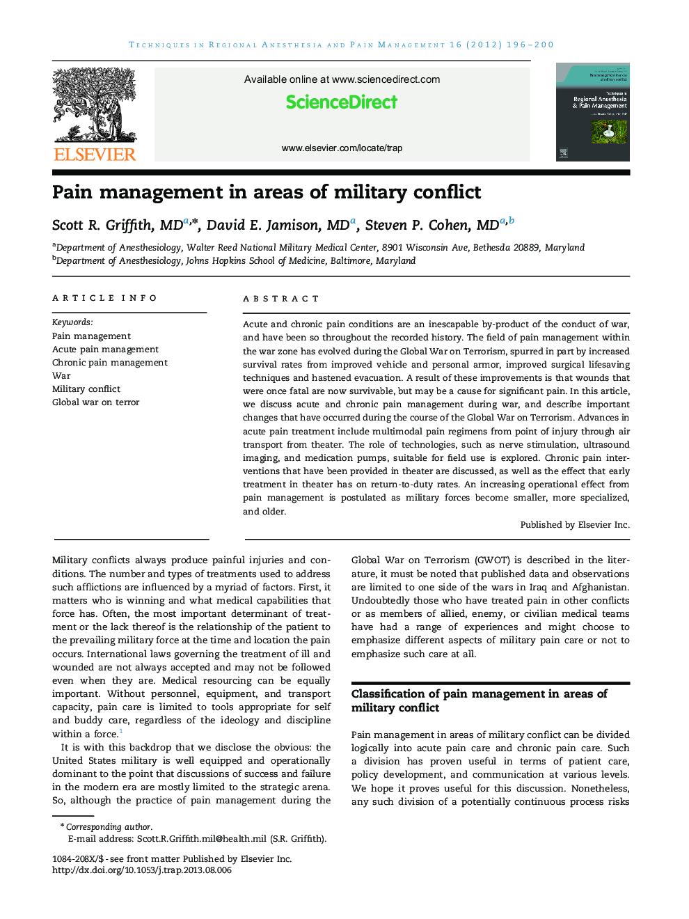 Pain management in areas of military conflict