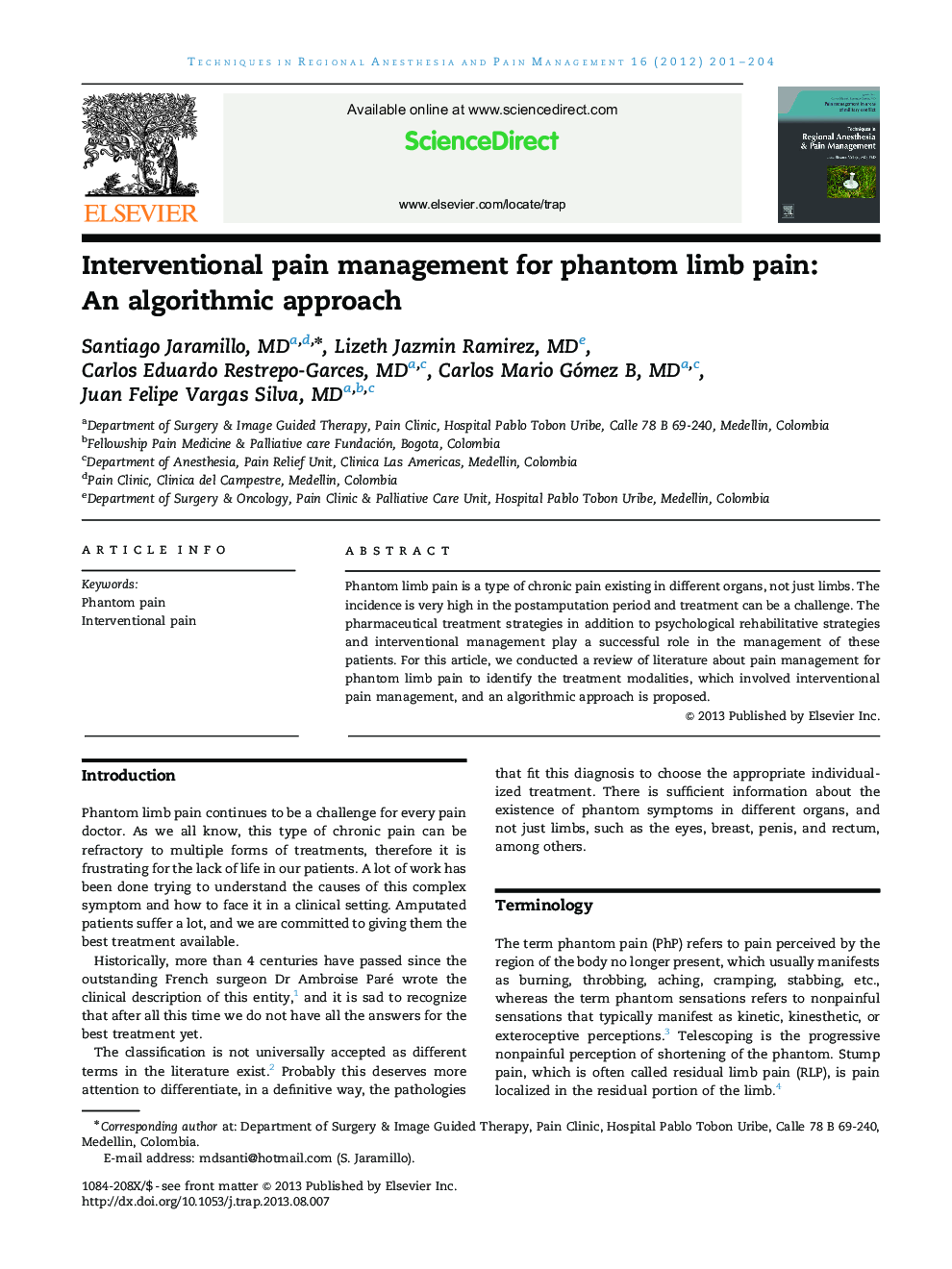 Interventional pain management for phantom limb pain: An algorithmic approach