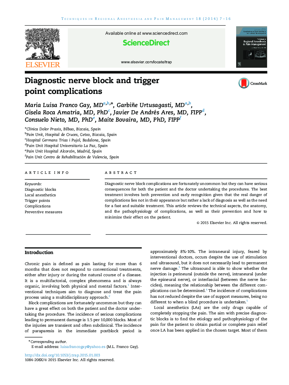 Diagnostic nerve block and trigger point complications