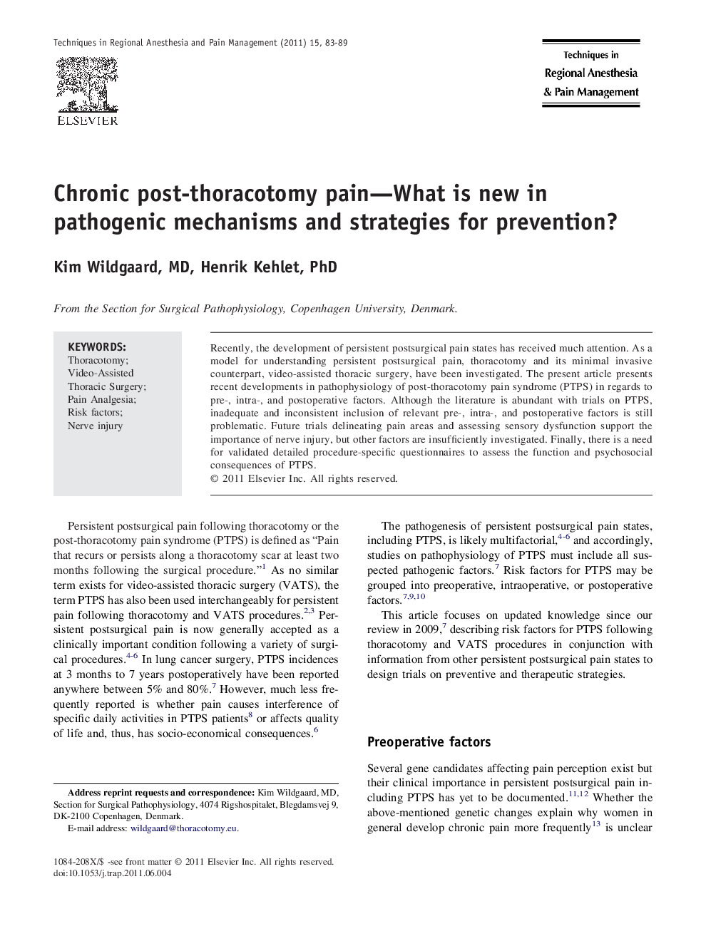 Chronic post-thoracotomy pain-What is new in pathogenic mechanisms and strategies for prevention?