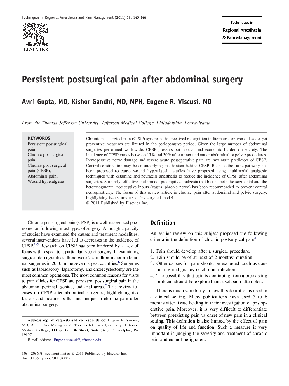 عکس صفحه اول مقاله: Persistent postsurgical pain after abdominal surgery Persistent postsurgical pain after abdominal surgery