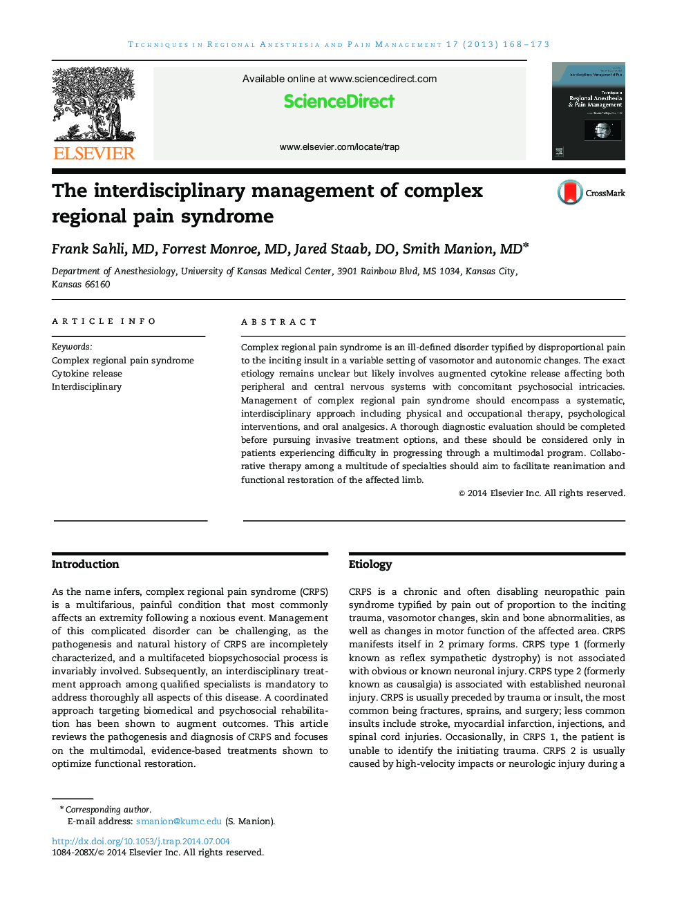 The interdisciplinary management of complex regional pain syndrome