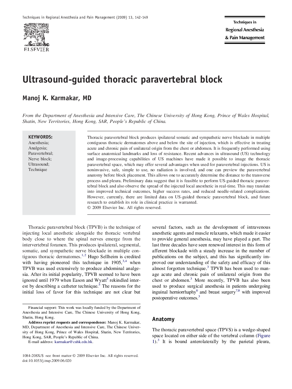 Ultrasound-guided thoracic paravertebral block 