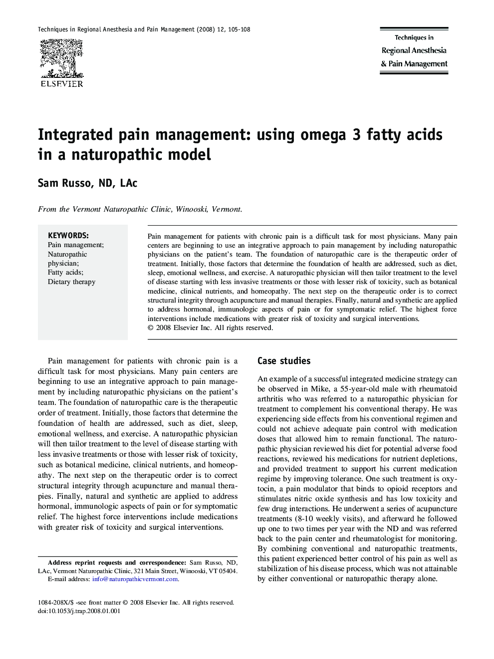 عکس صفحه اول مقاله: Integrated pain management: using omega 3 fatty acids in a naturopathic model Integrated pain management: using omega 3 fatty acids in a naturopathic model