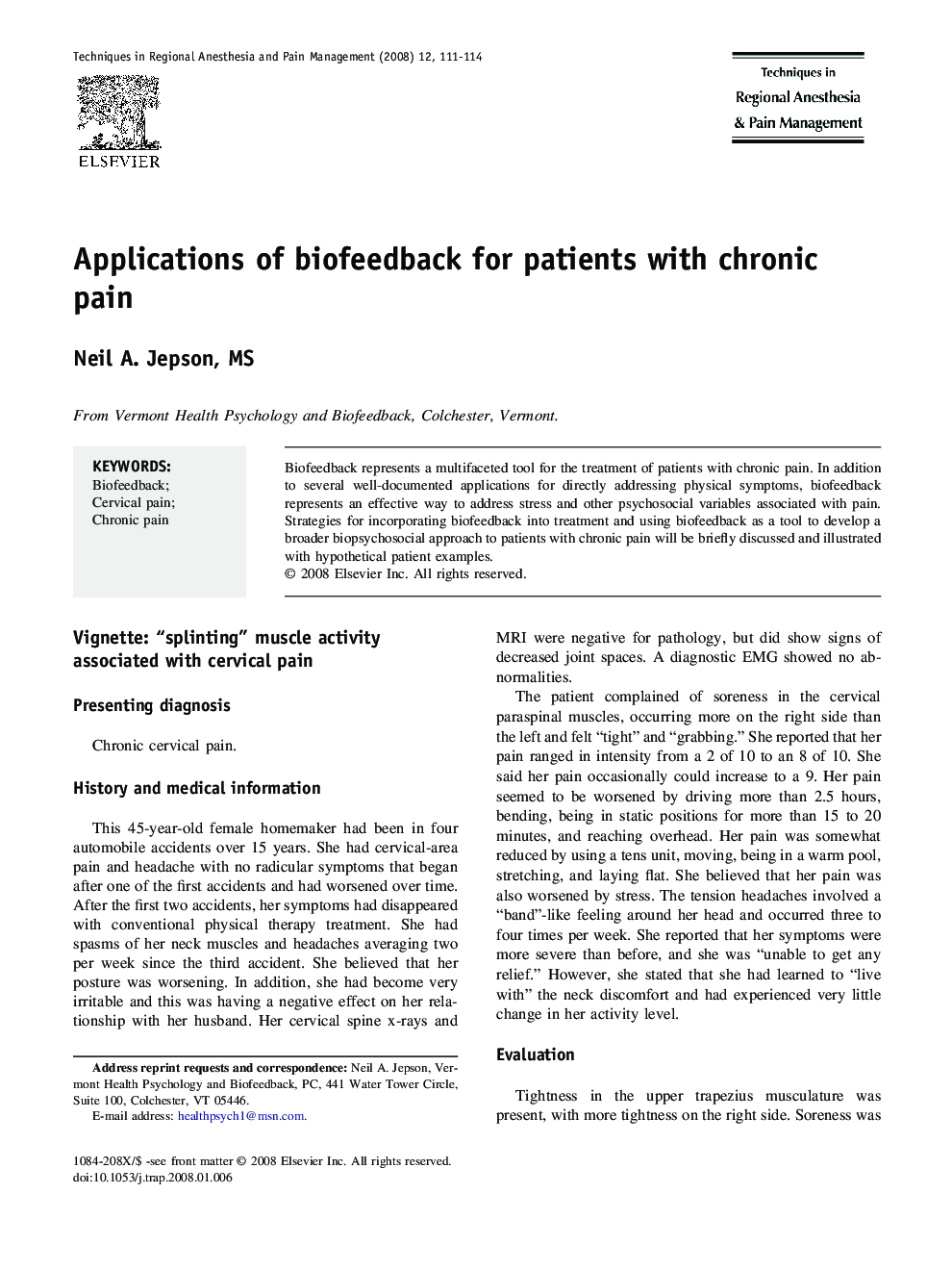 عکس صفحه اول مقاله: Applications of biofeedback for patients with chronic pain Applications of biofeedback for patients with chronic pain