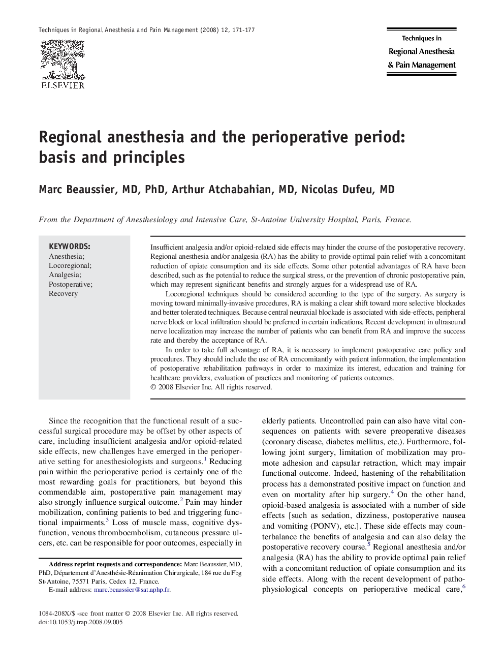 Regional anesthesia and the perioperative period: basis and principles