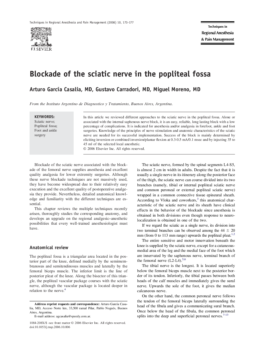 Blockade of the sciatic nerve in the popliteal fossa