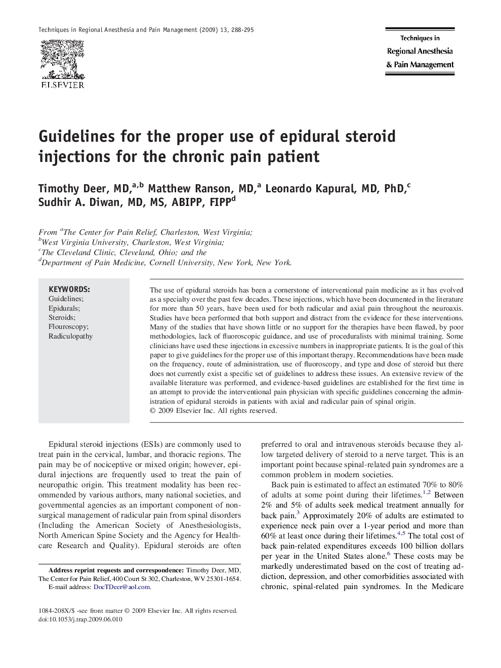 Guidelines for the proper use of epidural steroid injections for the chronic pain patient