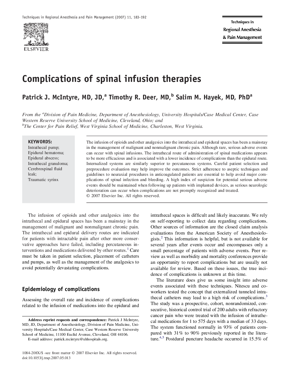 عکس صفحه اول مقاله: Complications of spinal infusion therapies Complications of spinal infusion therapies