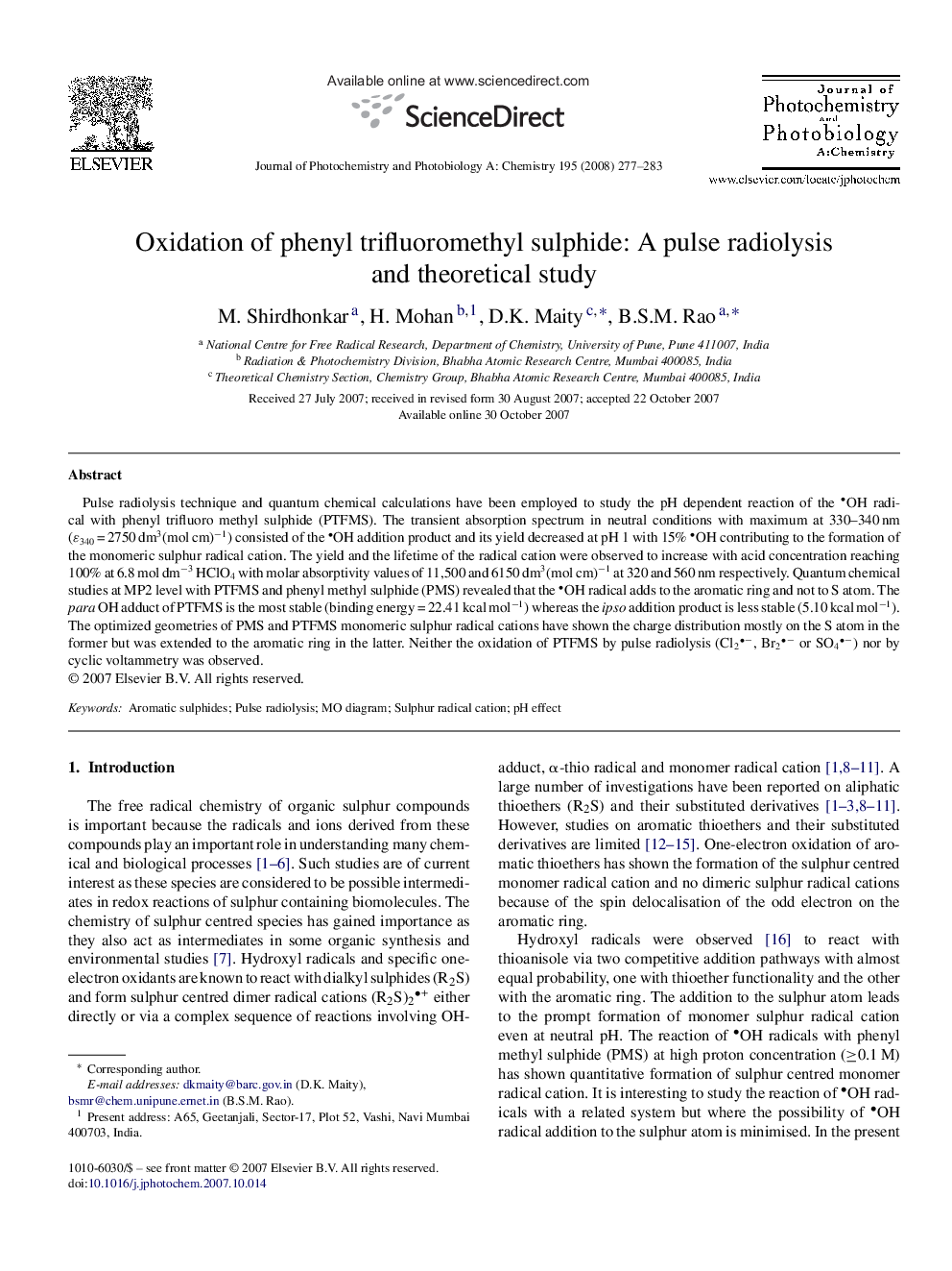 Oxidation of phenyl trifluoromethyl sulphide: A pulse radiolysis and theoretical study