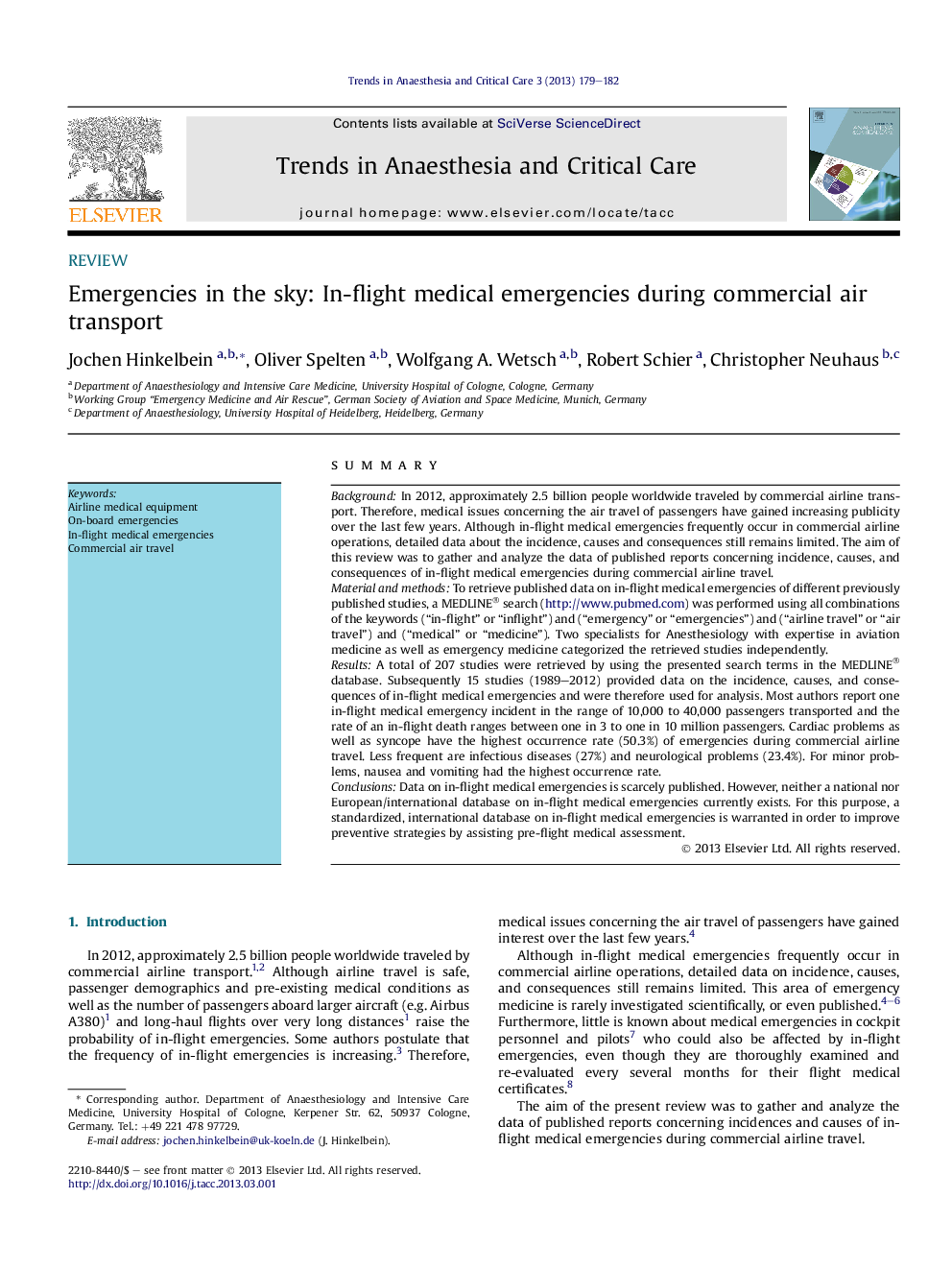 Emergencies in the sky: In-flight medical emergencies during commercial air transport