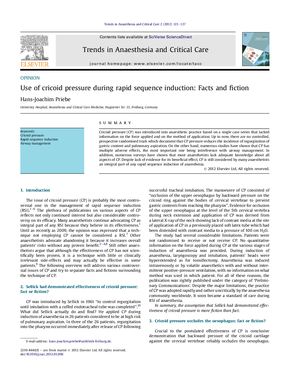 Use of cricoid pressure during rapid sequence induction: Facts and fiction