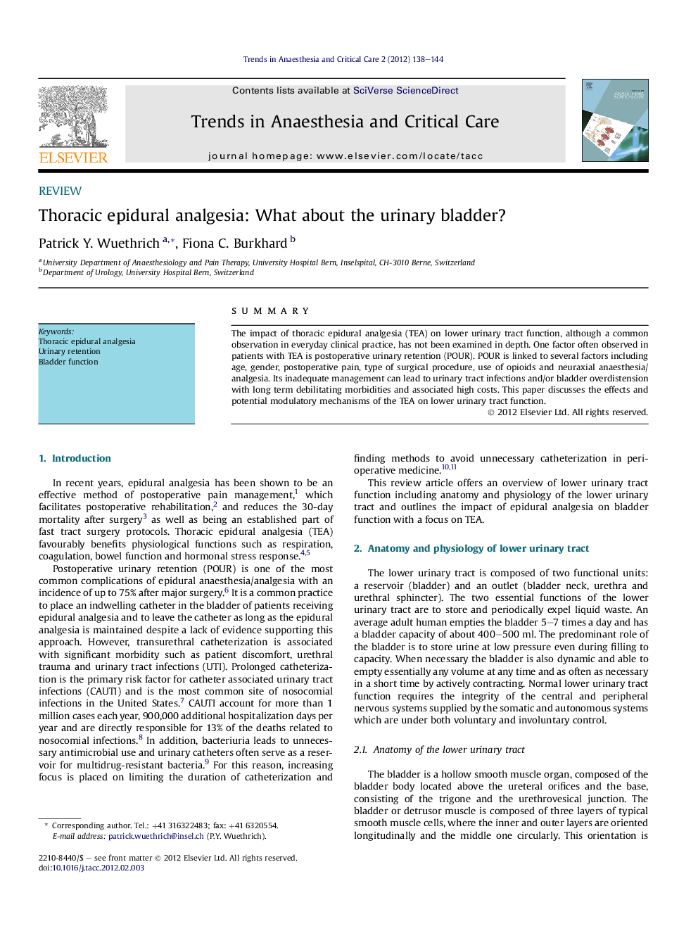 Thoracic epidural analgesia: What about the urinary bladder?