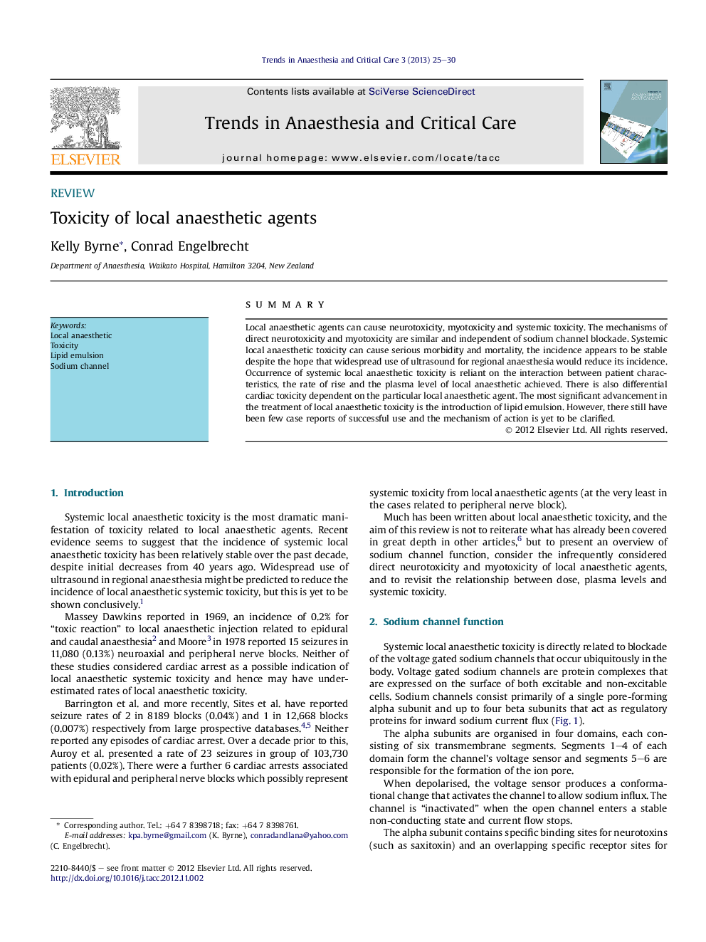 Toxicity of local anaesthetic agents