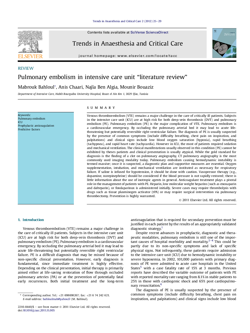 Pulmonary embolism in intensive care unit “literature review”