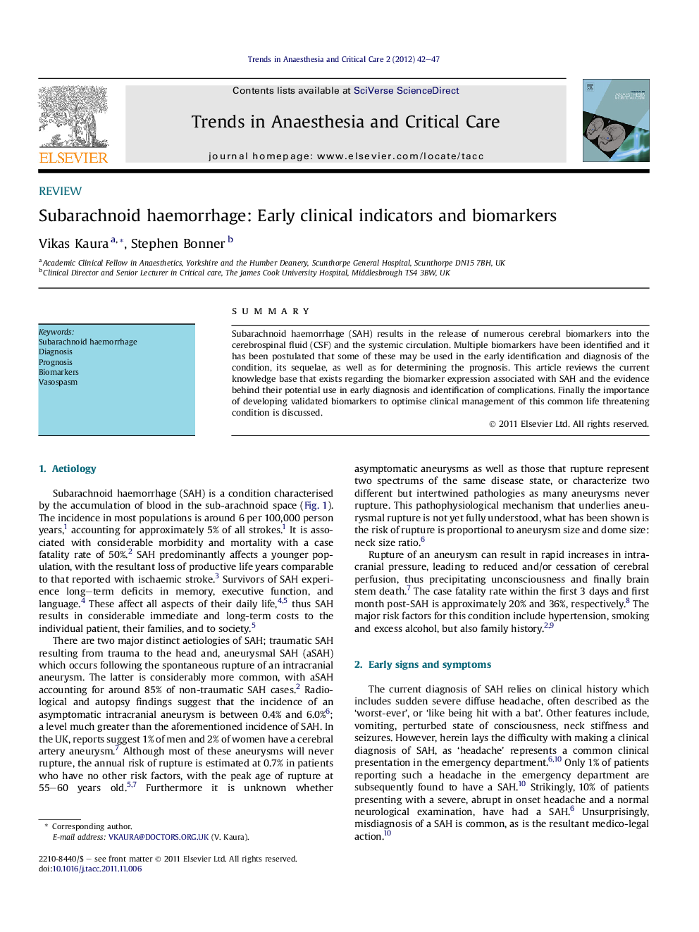 Subarachnoid haemorrhage: Early clinical indicators and biomarkers