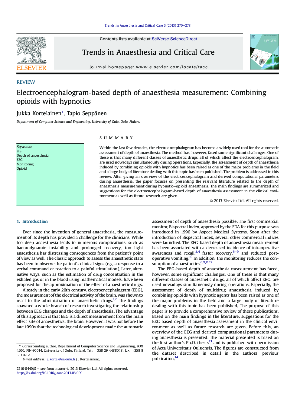 Electroencephalogram-based depth of anaesthesia measurement: Combining opioids with hypnotics