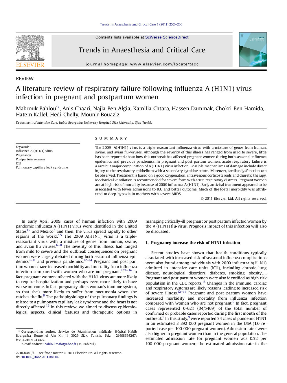 A literature review of respiratory failure following influenza A (H1N1) virus infection in pregnant and postpartum women